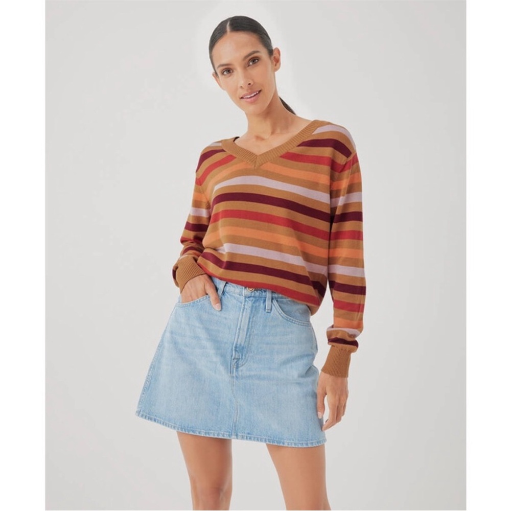 Pact Vail Stripped Sweater V-neck Orange Medium